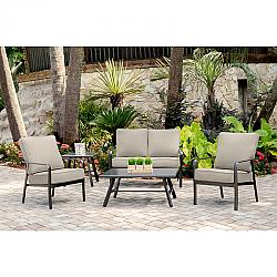 HANOVER CORT5PCL-ASH CORTINO 5-PIECE COMMERCIAL-GRADE PATIO SEATING SET WITH 2 CUSHIONED CLUB CHAIRS, LOVESEAT AND SLAT TOP COFFEE AND SIDE TABLE - CAST ASH AND GUNMETAL