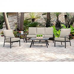 HANOVER CORT5PCS-ASH CORTINO 5-PIECE COMMERCIAL-GRADE PATIO SEATING SET WITH 2 CUSHIONED CLUB CHAIRS, SOFA AND SLAT TOP COFFEE AND SIDE TABLE - CAST ASH AND GUNMETAL