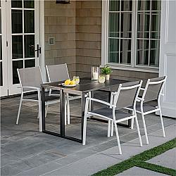 HANOVER CONDN5PC-WHT CONRAD 5-PIECE COMPACT OUTDOOR DINING SET WITH 4 STACKABLE SLING CHAIRS AND CONVERTIBLE SLATTED TABLE - WHITE AND GRAY