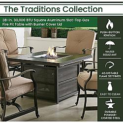 HANOVER TRAD38SQFP TRADITIONS 37 1/2 INCH SQUARE ALUMINUM SLAT TOP GAS FIRE PIT TABLE WITH BURNER COVER LID - BRONZE