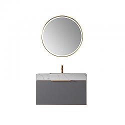 VINNOVA 701436-MG-SMB ALICANTE 36 INCH  VANITY IN GREY WITH SNOW MOUNTAIN-WHITE STONE COUNTERTOP AND VESSEL SINK WITH MIRROR