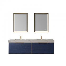VINNOVA 701472-CB-SMB ALICANTE 72 INCH  VANITY IN CLASSIC BLUE WITH SNOW MOUNTAIN-WHITE STONE COUNTERTOP AND VESSEL SINK WITH MIRROR