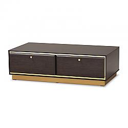 BAXTON STUDIO LV28CFT28140-MODI WENGE-CT CORMAC 41.3 INCH MID-CENTURY MODERN TRANSITIONAL DARK BROWN FINISHED WOOD AND GOLD METAL 2-DRAWER COFFEE TABLE