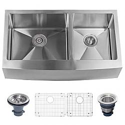 MISENO MNO163620F6040 35 7/8 INCH DOUBLE BASIN UNDERMOUNT STAINLESS STEEL KITCHEN SINK WITH APRON FRONT - STAINLESS STEEL