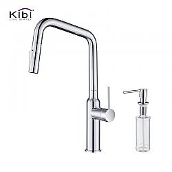 KIBI USA C-KKF2007-KSD100 MACON 17 1/8 INCH SINGLE HOLE DECK MOUNT BRASS HIGH ARC SINGLE LEVEL KITCHEN FAUCET WITH PULL-OUT SPRAYER AND SOAP DISPENSER