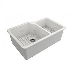 BOCCHI 1506-0120 SOTTO DUAL-MOUNT FIRECLAY 33 INCH 60/40 DOUBLE BOWL KITCHEN SINK WITH PROTECTIVE BOTTOM GRID AND STRAINER