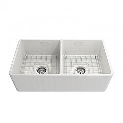 BOCCHI 1139-2020 KIT: 1139 CLASSICO FARMHOUSE APRON FRONT FIRECLAY 33 INCH DOUBLE BOWL KITCHEN SINK WITH PROTECTIVE BOTTOM GRIDS AND STRAINERS WITH LIVENZA 2.0 FAUCET