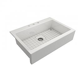 BOCCHI 1500-2020 KIT: 1500 NUOVA APRON FRONT DROP-IN FIRECLAY 34 INCH SINGLE BOWL KITCHEN SINK WITH PROTECTIVE BOTTOM GRID AND STRAINER & CUTTING BOARD WITH LIVENZA 2.0 FAUCET