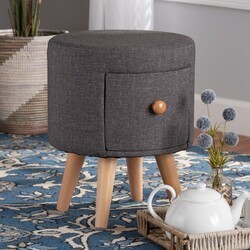 BAXTON STUDIO 11A-121DG-DARK GREY-STOOL ROCCO 14 1/4 INCH MODERN TRANSITIONAL FABRIC UPHOLSTERED AND WOOD ONE DRAWER OTTOMAN STOOL - DARK GREY AND OAK BROWN