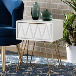 BAXTON STUDIO BRA-003-WHITE/GOLD-ET HOLBROOK 16 1/2 INCH CONTEMPORARY GLAM AND LUXE WOOD AND METAL ONE DRAWER END TABLE - WHITE AND GOLD