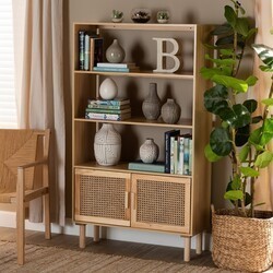 BAXTON STUDIO FM203-034-NATURAL WOODEN-BOOKCASE FAULKNER 31 1/2 INCH MID-CENTURY MODERN WOOD AND RATTAN 2-DOOR BOOKCASE - NATURAL BROWN