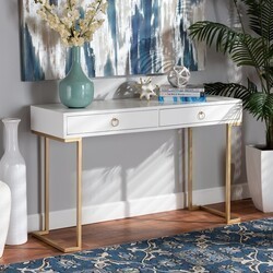 BAXTON STUDIO JY20B168-WHITE/GOLD BEAGAN 47 1/4 INCH MODERN AND CONTEMPORARY WOOD AND METAL 2-DRAWER CONSOLE TABLE - WHITE AND GOLD