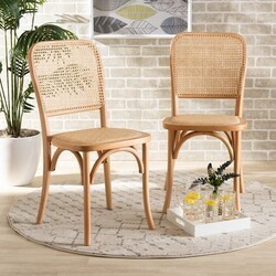 BAXTON STUDIO B29-NATURAL WOOD-BEECHWOOD/RATTAN-DC NEAH 17 3/4 INCH MID-CENTURY MODERN WOVEN RATTAN AND WOOD 2-PIECE CANE DINING CHAIR SET - BEIGE AND NATURAL BROWN