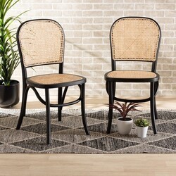 BAXTON STUDIO C29-BLACK-BEECHWOOD/RATTAN-DC CAMBREE 17 3/4 INCH MID-CENTURY MODERN WOVEN RATTAN AND WOOD 2-PIECE CANE DINING CHAIR SET - BROWN AND BLACK