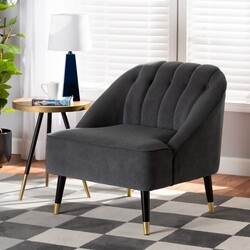 BAXTON STUDIO HH-022-VELVET GREY-CHAIR ELLARD 30 1/4 INCH MODERN AND CONTEMPORARY VELVET FABRIC UPHOLSTERED AND TWO-TONE WOOD ACCENT CHAIR - GREY AND DARK BROWN