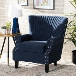 BAXTON STUDIO HH-056-VELVET BLUE-CHAIR WILHELM 29 7/8 INCH CLASSIC AND TRADITIONAL VELVET FABRIC UPHOLSTERED AND WOOD ARM CHAIR - NAVY BLUE AND DARK BROWN