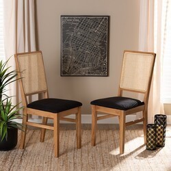 BAXTON STUDIO SK9004-OAK-DC-2PK IDRIS 17 3/4 INCH MID-CENTURY MODERN FABRIC UPHOLSTERED AND 2-PIECE RATTAN DINING CHAIR SET - BLACK AND OAK BROWN