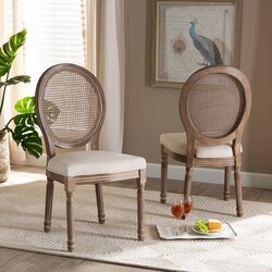 BAXTON STUDIO W-LOUIS-O-05-ANTIQUE/RATTAN-CHAIR LOUIS 19 3/4 INCH TRADITIONAL FRENCH INSPIRED FABRIC UPHOLSTERED AND WOOD 2-PIECE DINING CHAIR SET WITH RATTAN - BEIGE AND ANTIQUE BROWN