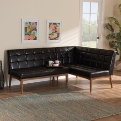 BAXTON STUDIO BBT8051.11-DARK BROWN/WALNUT-2PC SF BENCH SANFORD 74 3/8 INCH MID-CENTURY MODERN FAUX LEATHER UPHOLSTERED AND WOOD DINING NOOK BANQUETTE SET, TWO PIECE - DARK BROWN AND WALNUT BROWN