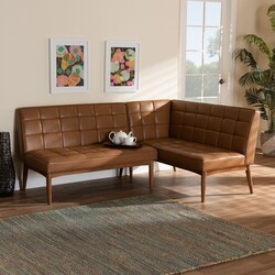 BAXTON STUDIO BBT8051.11-TAN/WALNUT-2PC SF BENCH SANFORD 74 3/8 INCH MID-CENTURY MODERN FAUX LEATHER UPHOLSTERED AND WOOD DINING NOOK BANQUETTE SET, TWO PIECE - TAN AND WALNUT BROWN