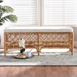 BAXTON STUDIO ORCHARD-RATTAN-BENCH ORCHARD 48 INCH MODERN BOHEMIAN FABRIC UPHOLSTERED AND RATTAN BENCH - WHITE AND NATURAL BROWN