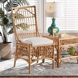 BAXTON STUDIO ROSE-RATTAN-DC NO ARM ROSE 19 INCH MODERN BOHEMIAN FABRIC UPHOLSTERED AND RATTAN DINING CHAIR - WHITE AND NATURAL BROWN
