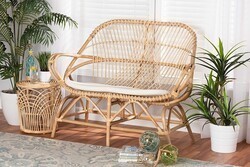BAXTON STUDIO JAYDEN-RATTAN-LS JAYDEN 44 7/8 INCH MODERN BOHEMIAN FABRIC UPHOLSTERED AND RATTAN LOVESEAT - WHITE AND NATURAL BROWN