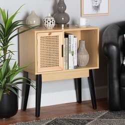 BAXTON STUDIO NL2020809-WOOD-CONSOLE DACRE 23 5/8 INCH MID-CENTURY MODERN TRANSITIONAL TWO-TONE WOOD 1-DOOR CONSOLE TABLE WITH NATURAL RATTAN - OAK BROWN AND BLACK