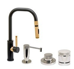 WATERSTONE FAUCETS 10240-4 FULTON 15 1/4 INCH INDUSTRIAL TOGGLE SPRAYER ANGLE SPOUT PREP SIZE PLP PULLDOWN FAUCET WITH SOAP DISPENSER, AIR SWITCH AND SINGLE PORT AIR GAP