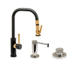 WATERSTONE FAUCETS 10290-3 FULTON 15 1/4 INCH INDUSTRIAL LEVER SPRAYER ANGLED SPOUT PLP PULLDOWN FAUCET WITH SOAP DISPENSER AND AIR SWITCH