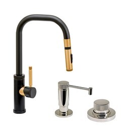 WATERSTONE FAUCETS 10240-3 FULTON 15 1/4 INCH INDUSTRIAL TOGGLE SPRAYER ANGLE SPOUT PREP SIZE PLP PULLDOWN FAUCET WITH SOAP DISPENSER AND AIR SWITCH