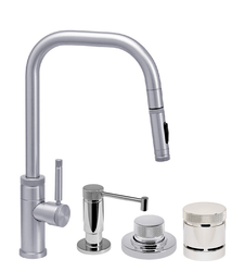 WATERSTONE FAUCETS 10220-4 FULTON 16 1/8 INCH INDUSTRIAL TOGGLE SPRAYER ANGLED SPOUT PLP PULLDOWN FAUCET WITH SOAP DISPENSER, AIR SWITCH AND SINGLE PORT AIR GAP