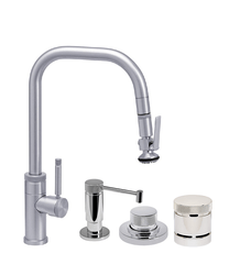 WATERSTONE FAUCETS 10270-4 FULTON 16 1/8 INCH INDUSTRIAL LEVER SPRAYER ANGLE SPOUT PLP PULLDOWN FAUCET WITH SOAP DISPENSER, AIR SWITCH AND SINGLE PORT AIR GAP