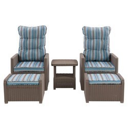 CORLIVING PLF-301-R LAKE FRONT STRIPED RATTAN PATIO RECLINER AND OTTOMAN SET, 5 PIECES - BEIGE AND BLUE