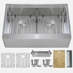 STYLISH S-315W LAPIS 32 7/8 INCH DOUBLE BOWL FARMHOUSE WORKSTATION APRON KITCHEN SINK WITH BUILT-IN ACCESSORIES - STAINLESS STEEL
