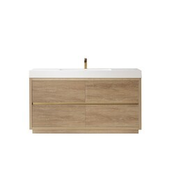 VINNOVA 703060-NO-WH-NM HUESCA 59 3/4 INCH SINGLE SINK BATH VANITY IN NORTH AMERICAN OAK WITH WHITE COMPOSITE INTEGRAL SQUARE SINK TOP