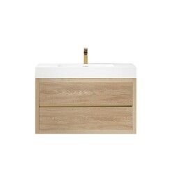 VINNOVA 703136-NO-WH-NM PALENCIA 35 3/4 INCH SINGLE SINK WALL-MOUNT BATH VANITY IN NORTH AMERICAN OAK WITH WHITE COMPOSITE INTEGRAL SQUARE SINK TOP