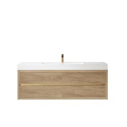 VINNOVA 703160-NO-WH-NM PALENCIA 59 3/4 INCH SINGLE SINK WALL-MOUNT BATH VANITY IN NORTH AMERICAN OAK WITH WHITE COMPOSITE INTEGRAL SQUARE SINK TOP