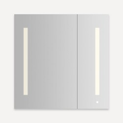 ROBERN AC3030D4P2LAW AIO SERIES 29-1/4 X 30 INCH TWO DOOR MIRROR CABINET WITH LARGE DOOR AT LEFT, DIMMABLE WARM LED LIGHTING AND AUDIO SYSTEM