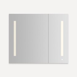 ROBERN AC3630D4P2LAW AIO SERIES 35-1/4 X 30 INCH TWO DOOR MIRROR CABINET WITH LARGE DOOR AT LEFT, DIMMABLE WARM LED LIGHTING AND AUDIO SYSTEM