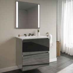 ROBERN 24119400NB00002 CARTESIAN 24 INCH TWO DRAWER DECORATIVE GLASS VANITY IN TINTED GRAY MIRROR WITH ENGINEERED STONE VANITY TOP IN SILESTONE LYRA