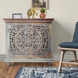 THE URBAN PORT UPT-213137 38 INCH MOLDED WOODEN CABINET WITH INTRICATE CUTOUT DESIGN DOORS - DISTRESSED GRAY