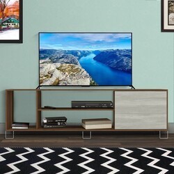 THE URBAN PORT UPT-225271 71 INCH WOODEN ENTERTAINMENT TV STAND WITH 3 OPEN COMPARTMENTS - BROWN AND WHITE