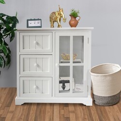 THE URBAN PORT UPT-230665 22 INCH 3 DRAWER WOODEN STORAGE CABINET WITH GLASS DOOR AND ROUND KNOBS - WHITE