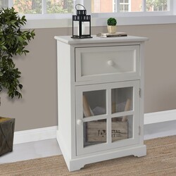 THE URBAN PORT UPT-230666 13 3/8 INCH SINGLE DRAWER WOODEN STORAGE CABINET WITH GLASS DOOR AND ROUND KNOBS - WHITE