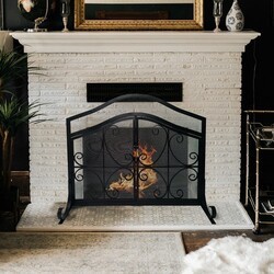 THE URBAN PORT UPT-232048 43 INCH GRID SCALLOPED METAL DECORATIVE FIREPLACE SCREEN WITH DOORS AND SCROLLWORK - BLACK