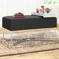 THE URBAN PORT UPT-238279 36 INCH POUFFE WITH RECTANGULAR FABRIC SEAT AND INBUILT WOODEN TRAY - BLACK AND WHITE