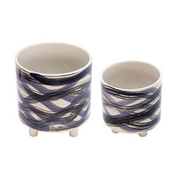 SAGEBROOK HOME 13870-22 8 1/2 INCH FOOTED PLANTERS, SET OF 2 - ABSTRACT BLUE