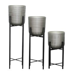 SAGEBROOK HOME 14630-02 11 INCH METAL STAND PLANTERS, SET OF 3 - SILVER AND BLACK