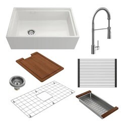 BOCCHI 1344-2020 KIT: 1344 CONTEMPO STEP-RIM APRON FRONT FIRECLAY 30 INCH SINGLE BOWL KITCHEN SINK WITH INTEGRATED WORK STATION & ACCESSORIES WITH LIVENZA 2.0 FAUCET